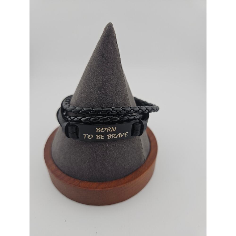 Born To Be Brave Tag Bracelet Black Braded Cord Multistrand Layered Indie Boho